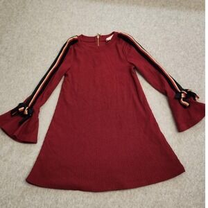 Hannah Banana Dress Girls 5 Burgundy Ribbed Knit Bell Sleeve A-Line Stripe Bow